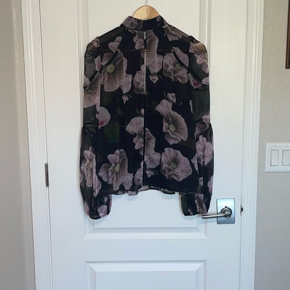 TED BAKER Theera Ladder Trim Blouse Black and Purple Floral Blouse Flowy Sheer 4 - Picture 7 of 8